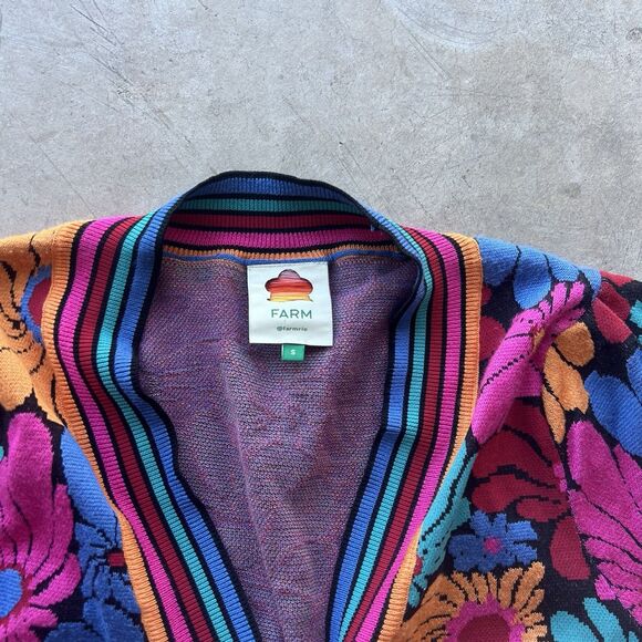 Farm Rio Sunny Daisies Knit Cardigan Sweater M Colorful Floral Boho Festival - Picture 2 of 2